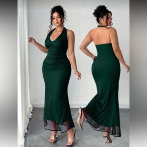SHEIN Dark Green Backless Halter Dress